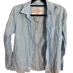 Frank & Eileen Barry Linen Shirt Small Blue Gingham Button Front USA 100% Linen